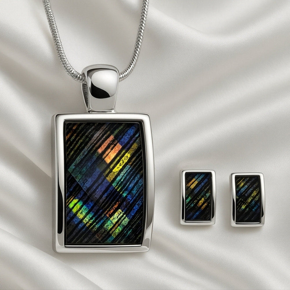 "Silver-Tone Multicolor Rectangle Pendant Necklace & Earrings  – Fashion Jewelry